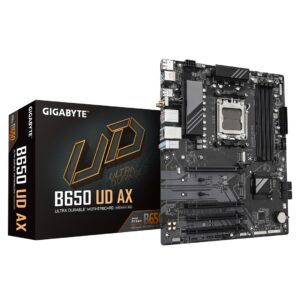 GIGABYTE B650 UD AX Carte Mère - Prend en charge les processeurs AMD Ryzen Série 9000, VRM 6+2+2 phases, jusqu'à 7600MHz DDR5 (OC), 1x PCIe 5.0 + 2x PCIe 4.0 M.2, LAN GbE, Wi-Fi 6, USB 3.2 Gen 2