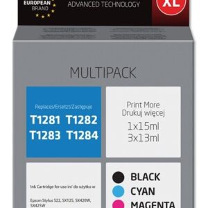 Activejet Encre AEB-1285N (remplacement Epson T1281, T1282, T1283, T1284; Suprême; 1 x 15 ml, 3 x 13 ml; noir, rouge, bleu, jaune)